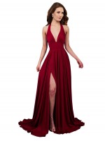 A-Line Halter Plunge V-Neckline Open Back Spandex Evening Dress UK with Slit