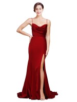 Cowl Front Neck Sweep Train Stretch Satin Evening Dress UK with High Side Split