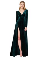 Deep V-Neck Long Sleeves Velvet Evening Dress UK with High Side Split