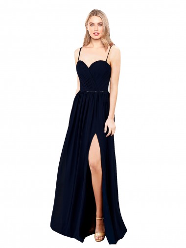 Draped A-Line Chiffon Evening Dress with Spaghetti Straps and High Slit UK