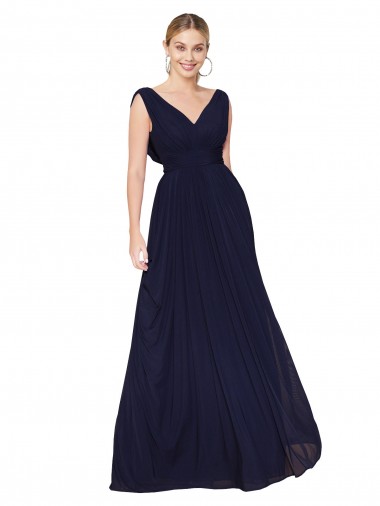 Draped Long V-Neck Floor Length Chiffon Evening Dress UK