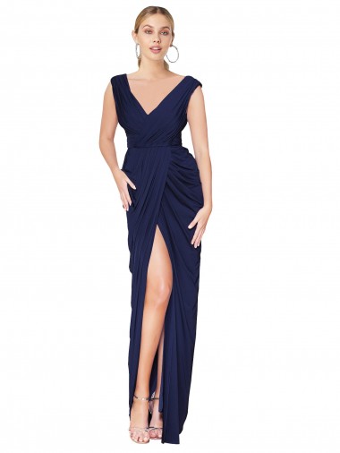 Draped V-Neck Long Chiffon Evening Dress with Front Slit UK