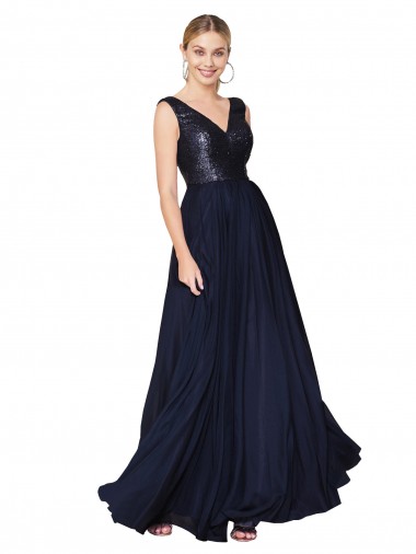 High Neck V-Neck Long Chiffon Evening Dress with Sequin Top UK