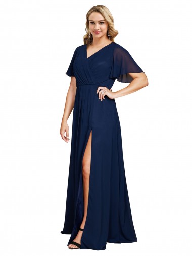 Chiffon V-Neck Short Sleeves Long Evening Dress with High Slit UK