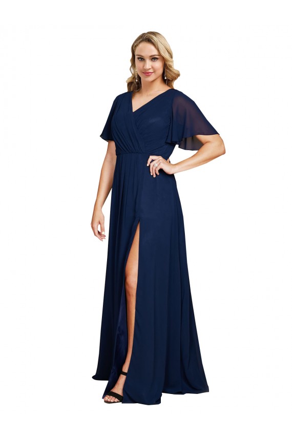 Chiffon V-Neck Short Sleeves Long Evening Dress with High Slit