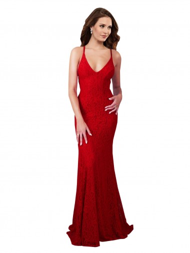 Low Back V-Neckline Floor Length Lace Evening Dress UK