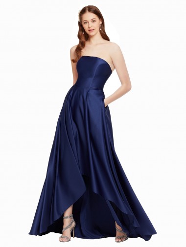 High Low Strapless Satin Evening Dress with Pockets UK