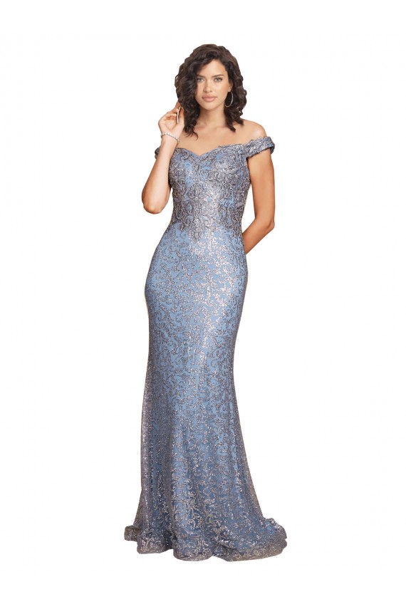 Off the Shoulder Sweetheart Neckline Sequin Evening Dress with Thigh High Slit