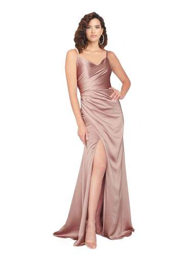 Floor Length Silky Satin Evening Dress with Front Skirt Slit UK