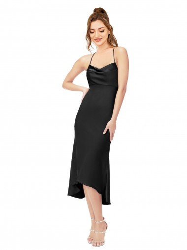 High Low Silky Satin Cowl Neck Midi Length Cocktail Evening Dress UK