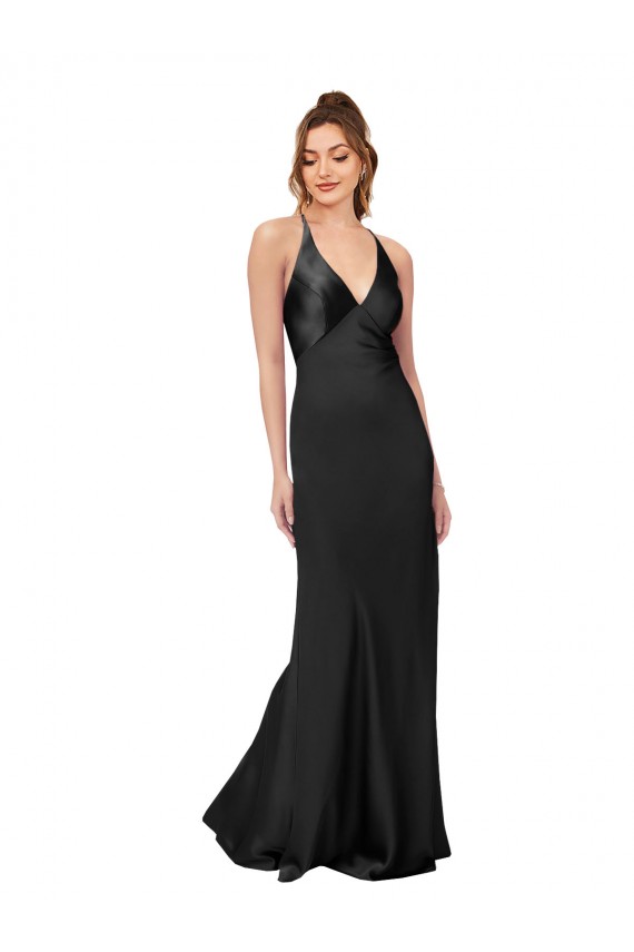 Cowl Back V-Neck Silky Satin Evening Dress