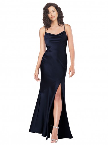 Draped Cowl Neck Silky Satin Evening Dress with Skirt Slit UK