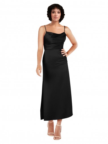 Cowl Neck Tea-Length Short Silky Satin Cocktail Evening Dress with Skirt Slit UK