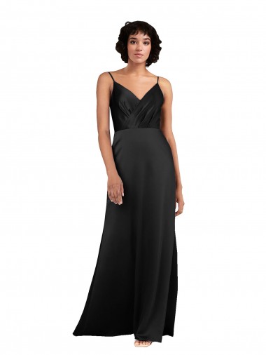 Full Length V-Neckline Silky Satin Evening Dress with Spaghetti Straps UK