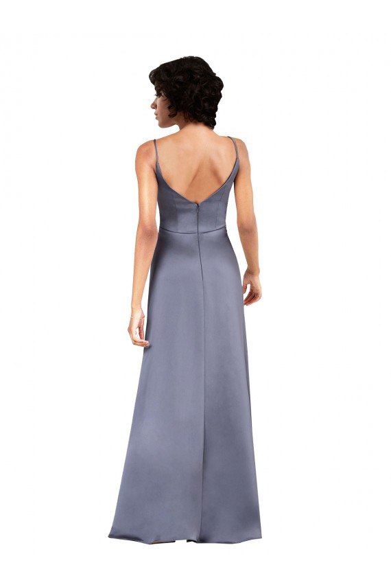 Full Length V-Neckline Silky Satin Evening Dress with Spaghetti Straps