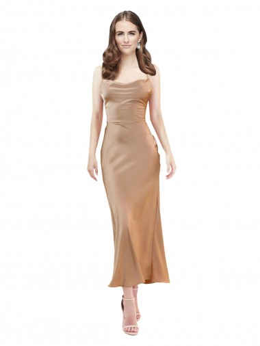 Cowl Neck Silky Satin Midi Length Cocktail Evening Dress Low Back UK