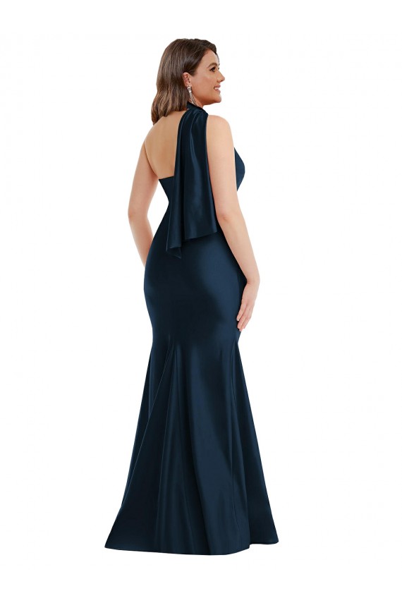 Scarf Neck One Shoulder Silky Satin Mermaid Evening Dress with Front Slit