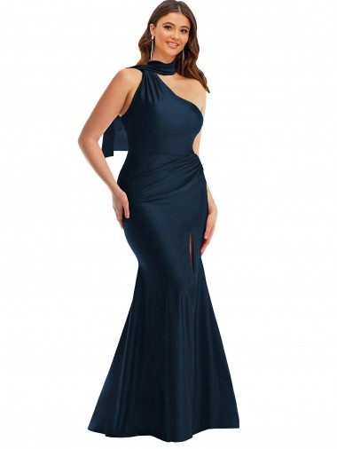 Scarf Neck One Shoulder Silky Satin Mermaid Evening Dress with Front Slit UK