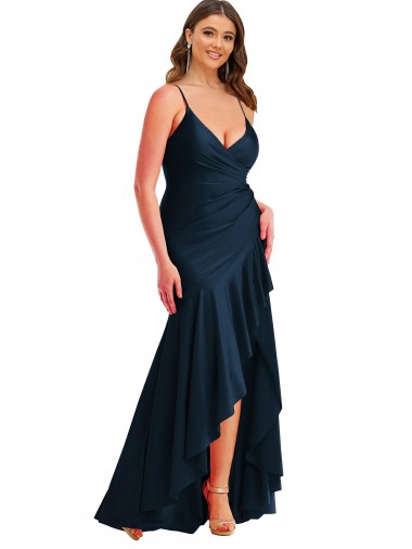 Pleated Wrap Ruffled High Low Silky Satin Evening Dress UK