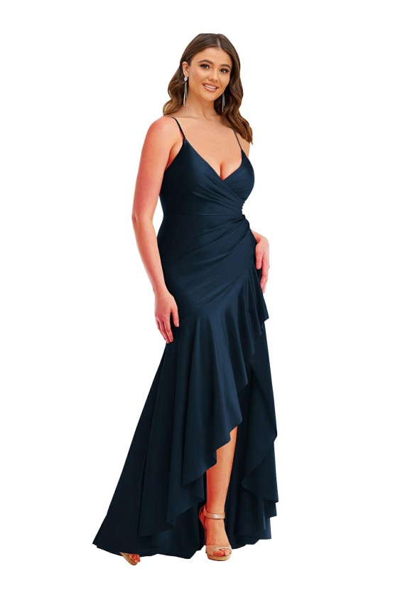 Pleated Wrap Ruffled High Low Silky Satin Evening Dress