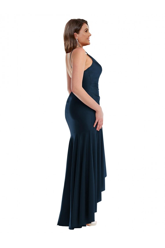 Pleated Wrap Ruffled High Low Silky Satin Evening Dress