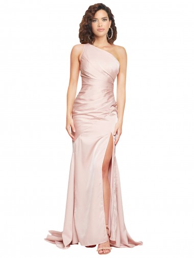 Full Length One Shoulder Long Silky Satin Evening Dress with High Split UK