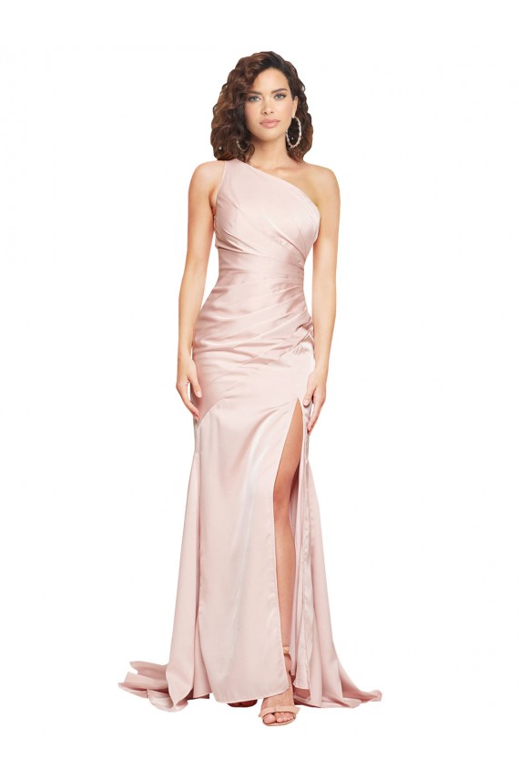 Full Length One Shoulder Long Silky Satin Evening Dress with High Split