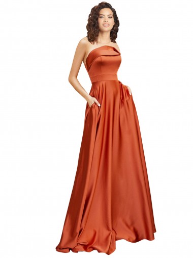 Strapless Sweep Train Silky Satin Evening Dress with Pleats UK