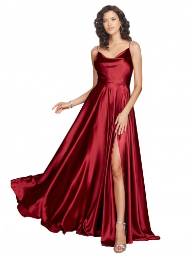 Cowl Neckline Long Silky Satin Evening Dress with Spaghetti Straps UK