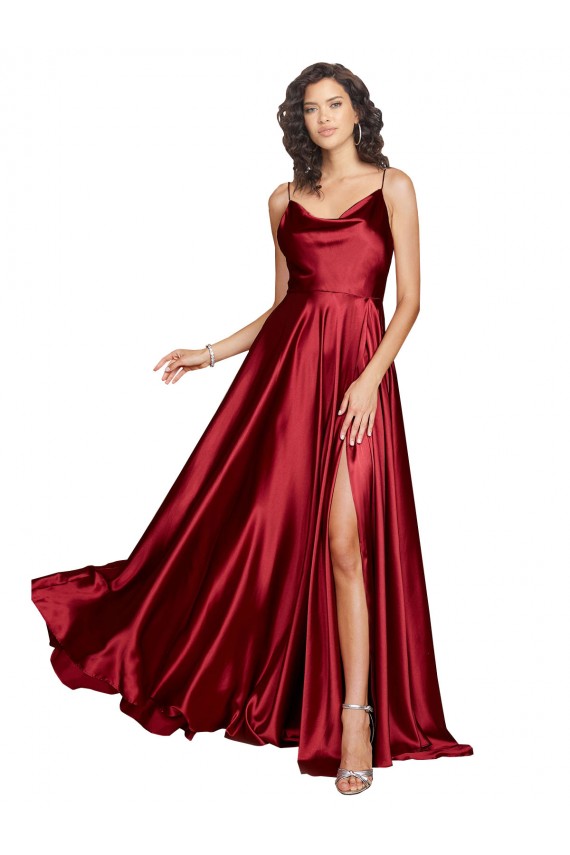 Cowl Neckline Long Silky Satin Evening Dress with Spaghetti Straps