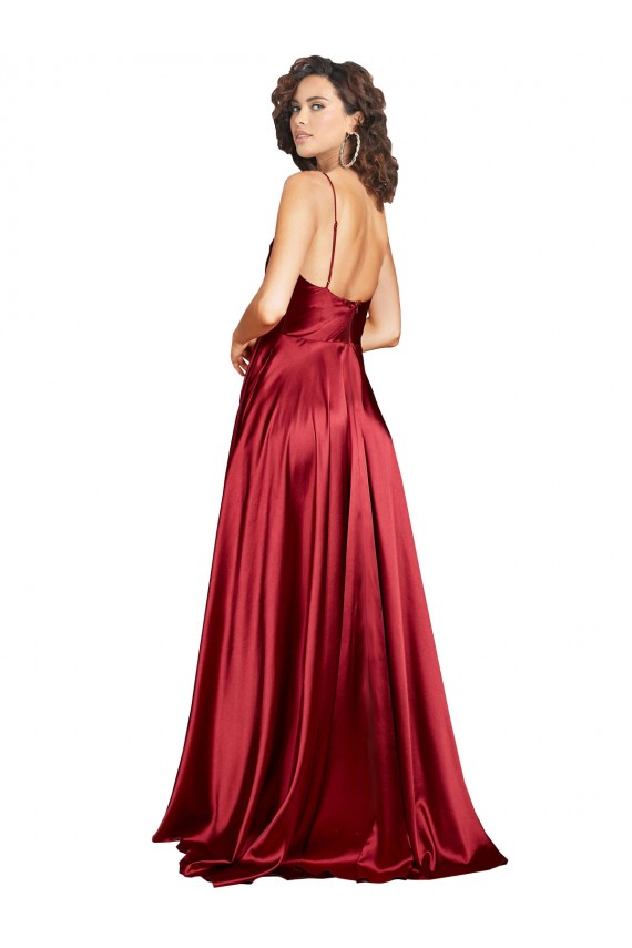 Cowl Neckline Long Silky Satin Evening Dress with Spaghetti Straps