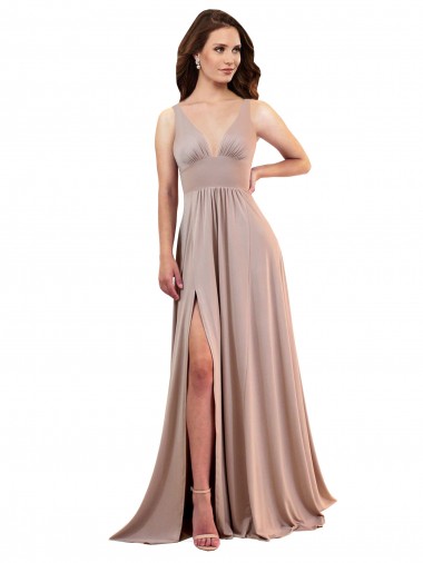 Long A-Line Plunge V-Neckline Spandex Evening Dress with Slit UK