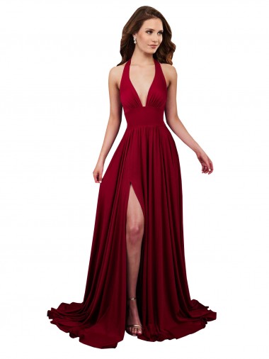 A-Line Halter Plunge V-Neckline Open Back Spandex Evening Dress with Slit UK