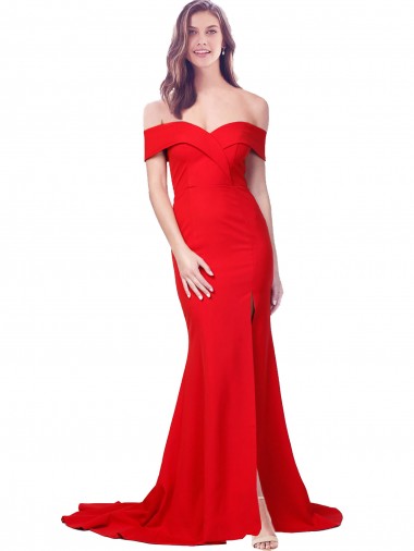 Off the Shoulder Full Length Long Crepe Evening Dress with Side Split UK