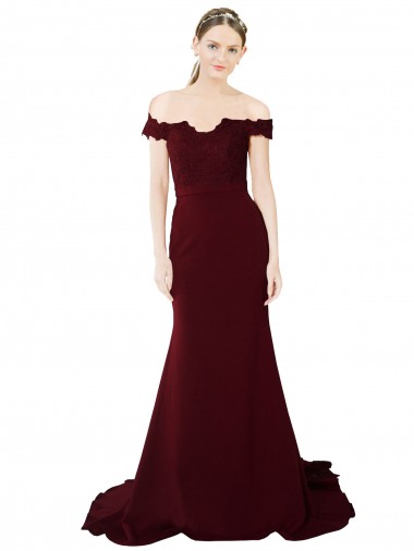 Full Length Off the Shoulder Crepe Evening Dress with Lace On Bodice and Back UK