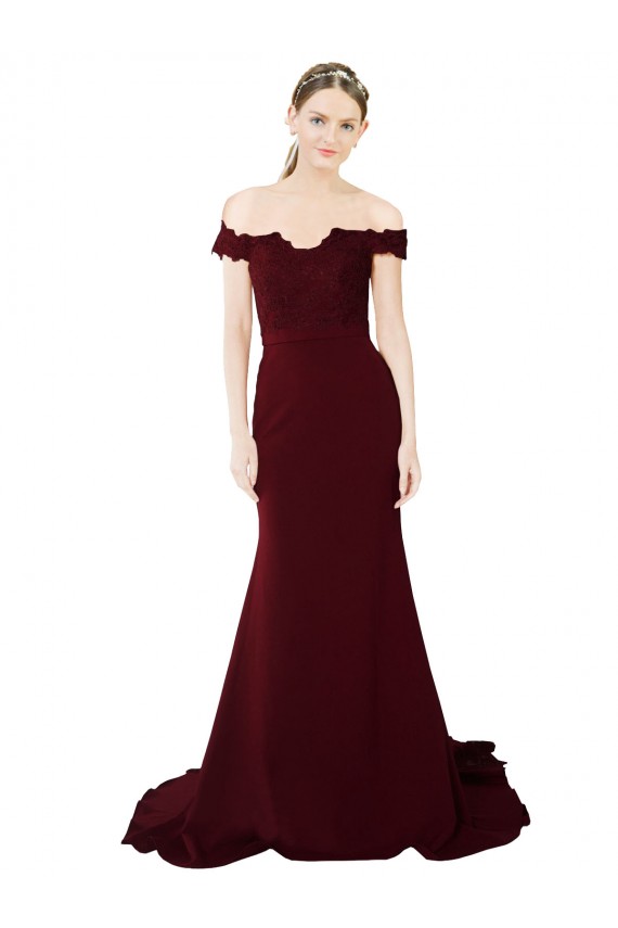 Full Length Off the Shoulder Crepe Evening Dress with Lace On Bodice and Back