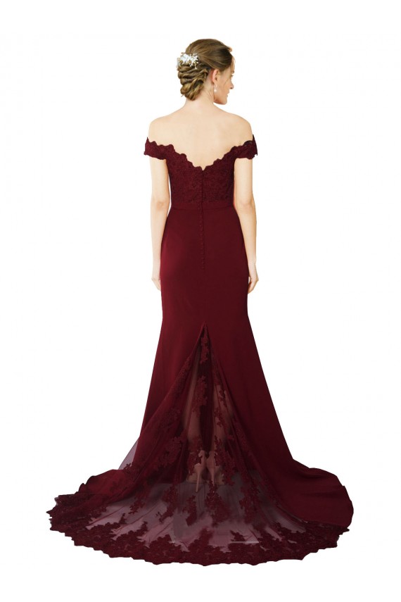 Full Length Off the Shoulder Crepe Evening Dress with Lace On Bodice and Back