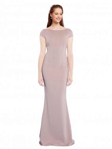 Boat Neck Cap Sleeve Crepe Evening Dress with Plunging Tie Back UK