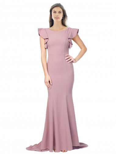 Flutter Sleeves Low V-Back High Round Neck Crepe Evening Dress UK