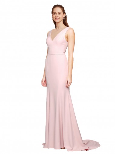 Deep V-Neckline and Back Long Sweep Train Crepe Evening Dress with Shoulder Straps UK