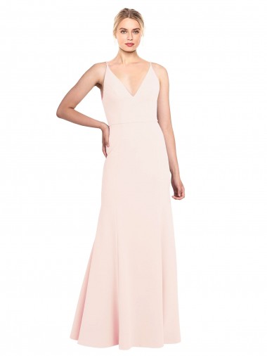 Slim A-Line V-Neck Long Stretch Crepe Evening Dress with V-Back UK