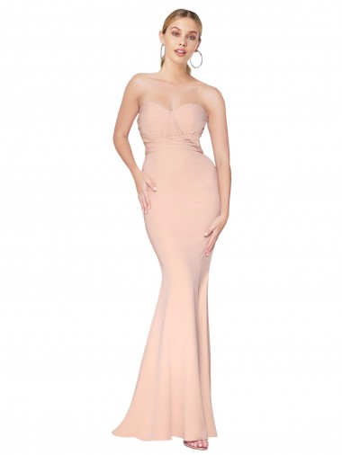 Sweetheart Shirred Neck Long Floor Length Crepe Evening Dress UK