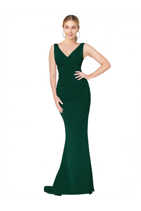 V-Neck Floor Length Long Crepe Mermaid Evening Dress