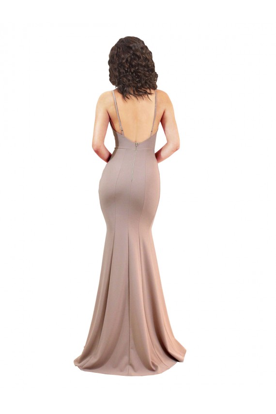 Fishtail Shape V-Neck Crepe Evening Dress with Slit