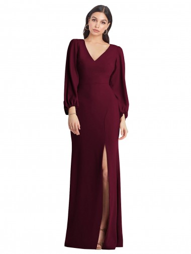 Long Puff Sleeve V-Neck Trumpet Evening Maxi Dress UK