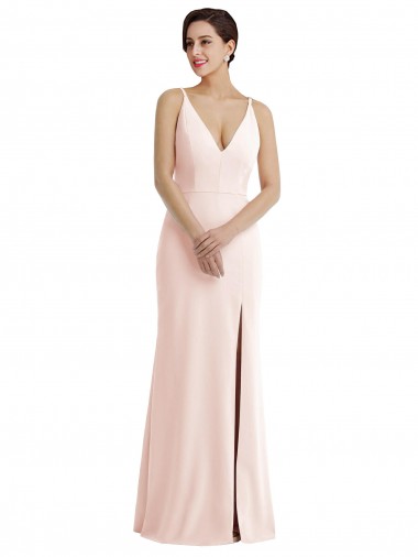 Skinny Strap Deep V-Neck Trumpet Crepe Evening Dress with Front Slit UK