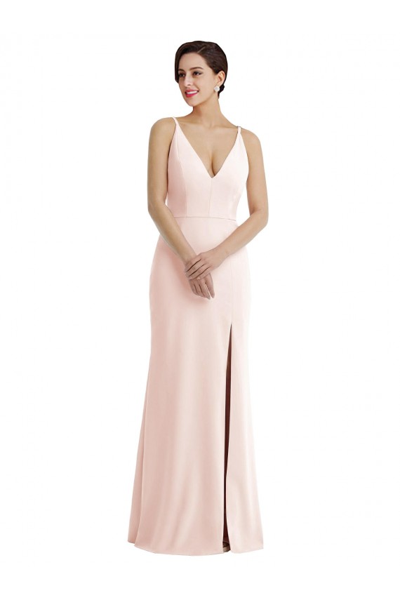 Skinny Strap Deep V-Neck Trumpet Crepe Evening Dress with Front Slit