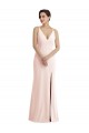 Skinny Strap Deep V-Neck Trumpet Crepe Evening Dress with Front Slit