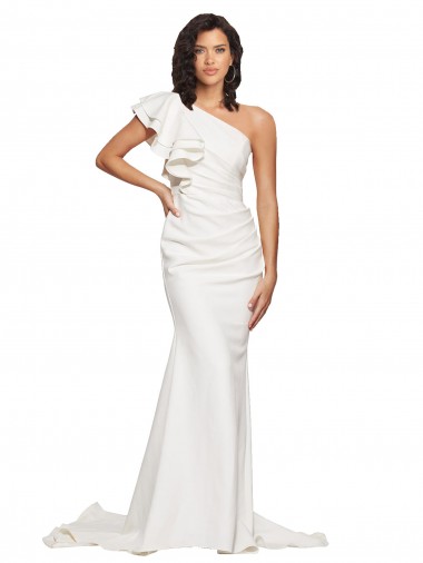 Ruched Long Sweep Train Crepe Evening Dress with Shoulder Ruffles UK