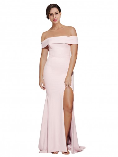 Off Shoulder Long Crepe Evening Dress with Straight Neckline and Side Split UK